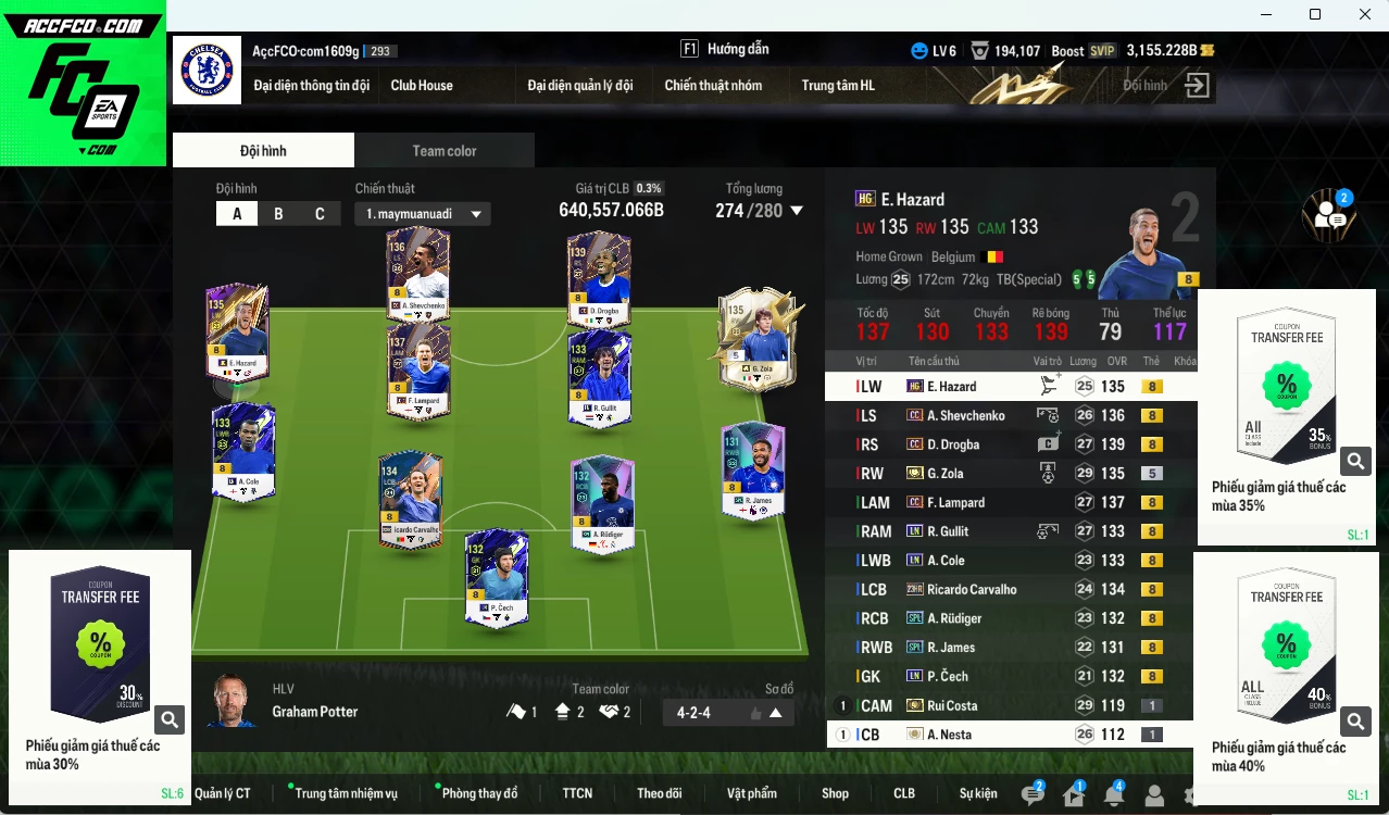 [ACC Rẻ🔥] Chelsea 640.550b có Drogba CC, Sheva CC, Lampard CC, Rudiger SPL, Zola ITM+5, Gullit LN, Hazard HG, Carvalho 23HR, James SPL... Còn nhiều CP GIẢM THUẾ, HLV Xịn